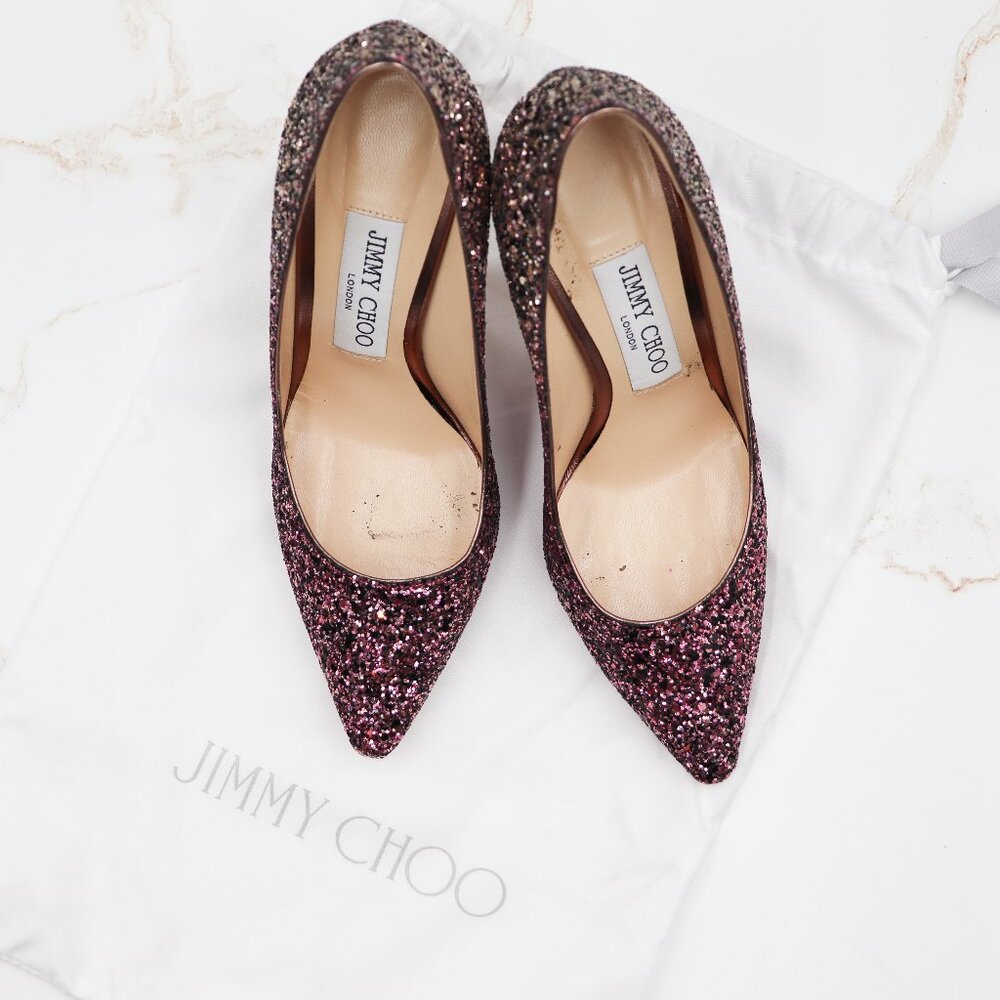 Jimmy Choo Romy 100 CandyFloss/White Sand Glitter Pumps, Size 36
